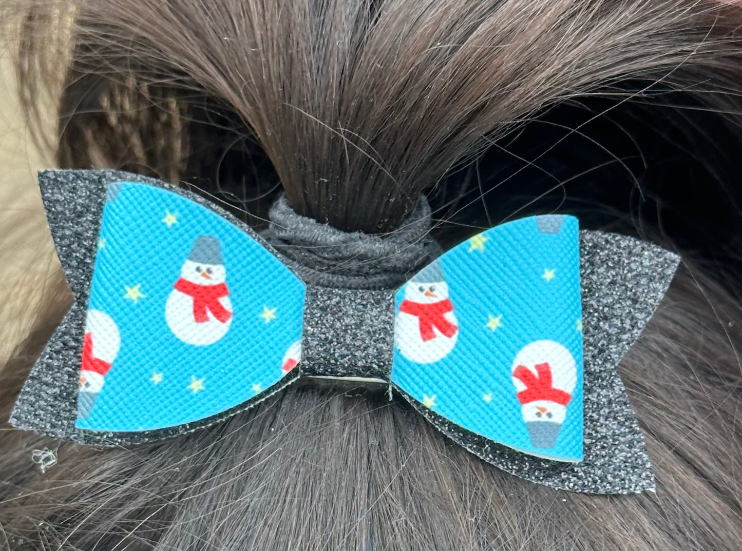 Snowmen on blue and black glitter hairbow