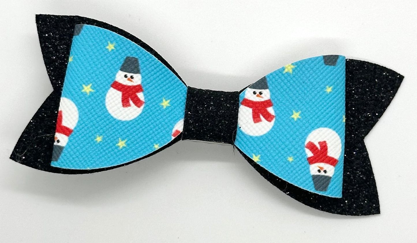 Snowmen on blue and black glitter hairbow