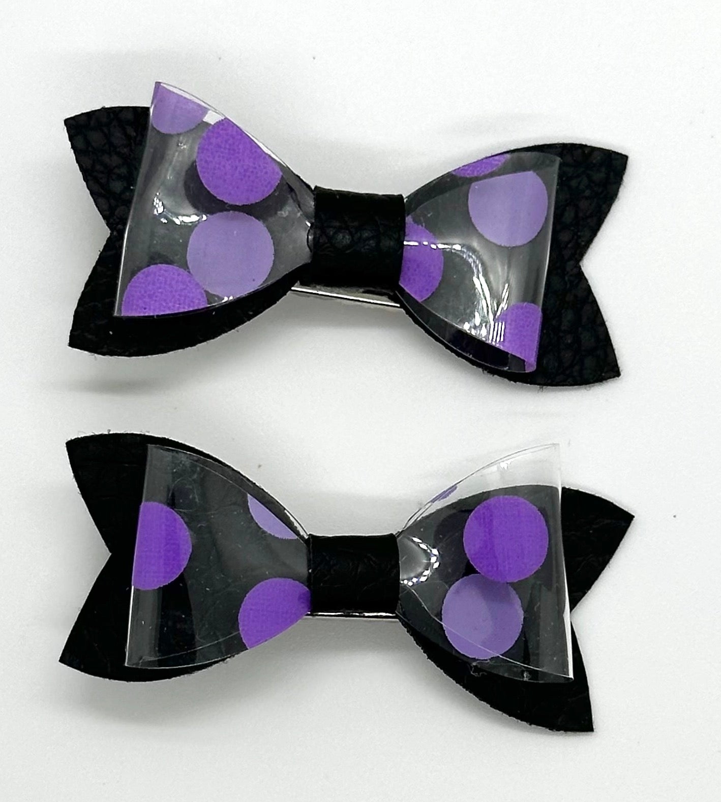 Purple polka dots on black 2pcs mini bows