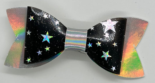 Silver stars on black on holographic bow