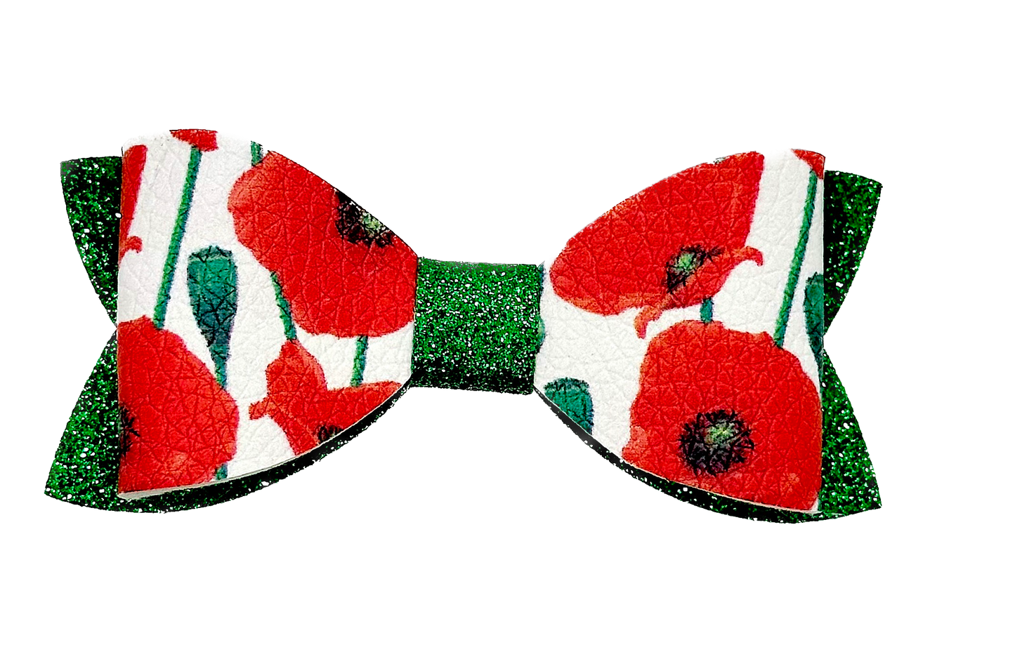 Red poppy and green glitter hairbow