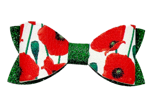 Red poppy and green glitter hairbow