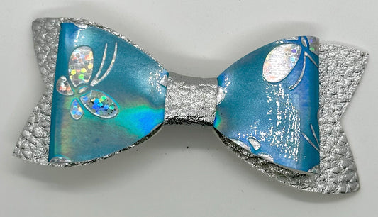 Holographic butterflies on blue and silver bow