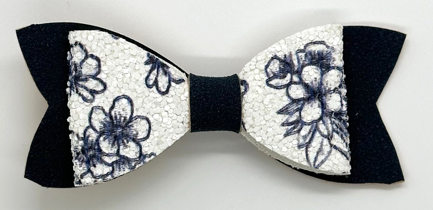 Navy and white glitter flower bow