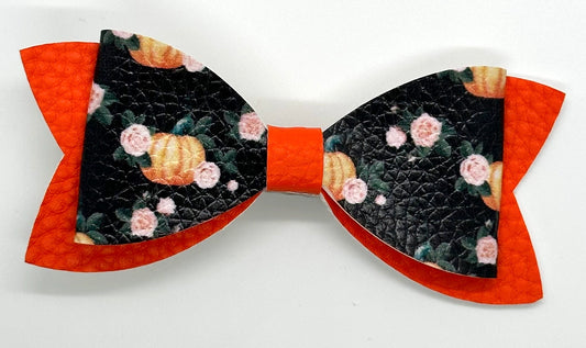 Pumpkins and flowers on black and orange hair bow