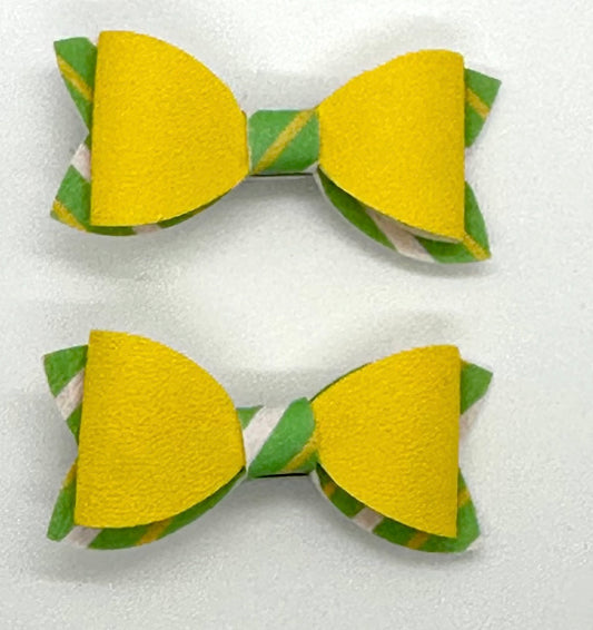 Yellow on green, yellow, and white striped 2pcs mini bows