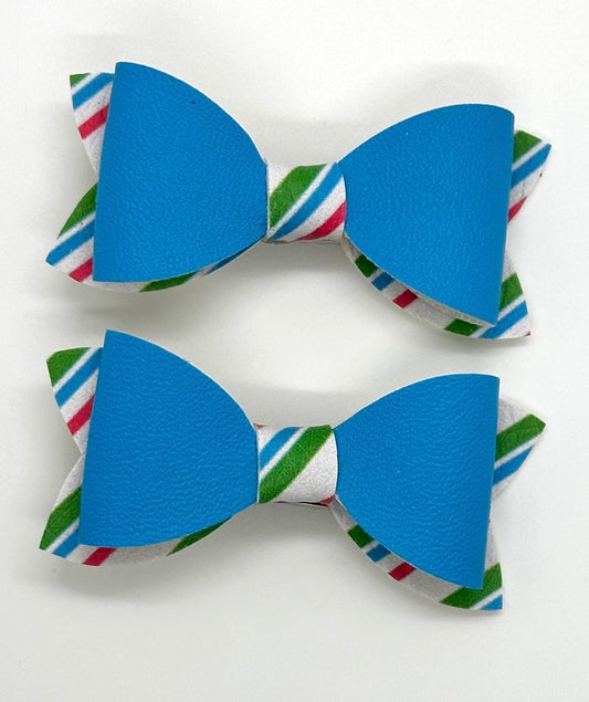 Blue on multicolored stripes 2pcs mini bows