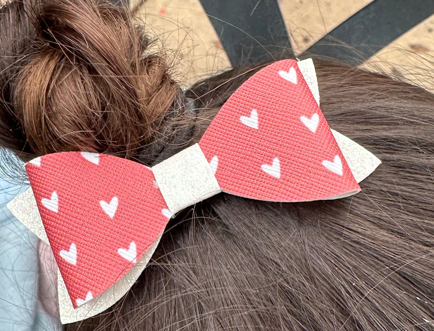 Red and white glitter heart bow for Valentines