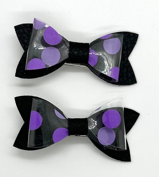 Purple polka dots on black 2pcs mini bows