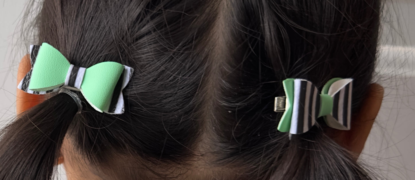 Mint green with black and white stripes 2pcs mini bows