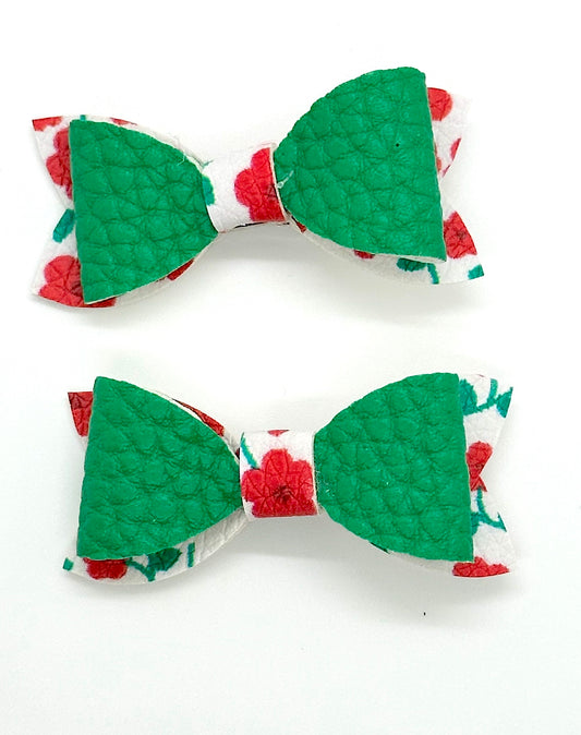 Green on Red floral back 2 pcs mini bows