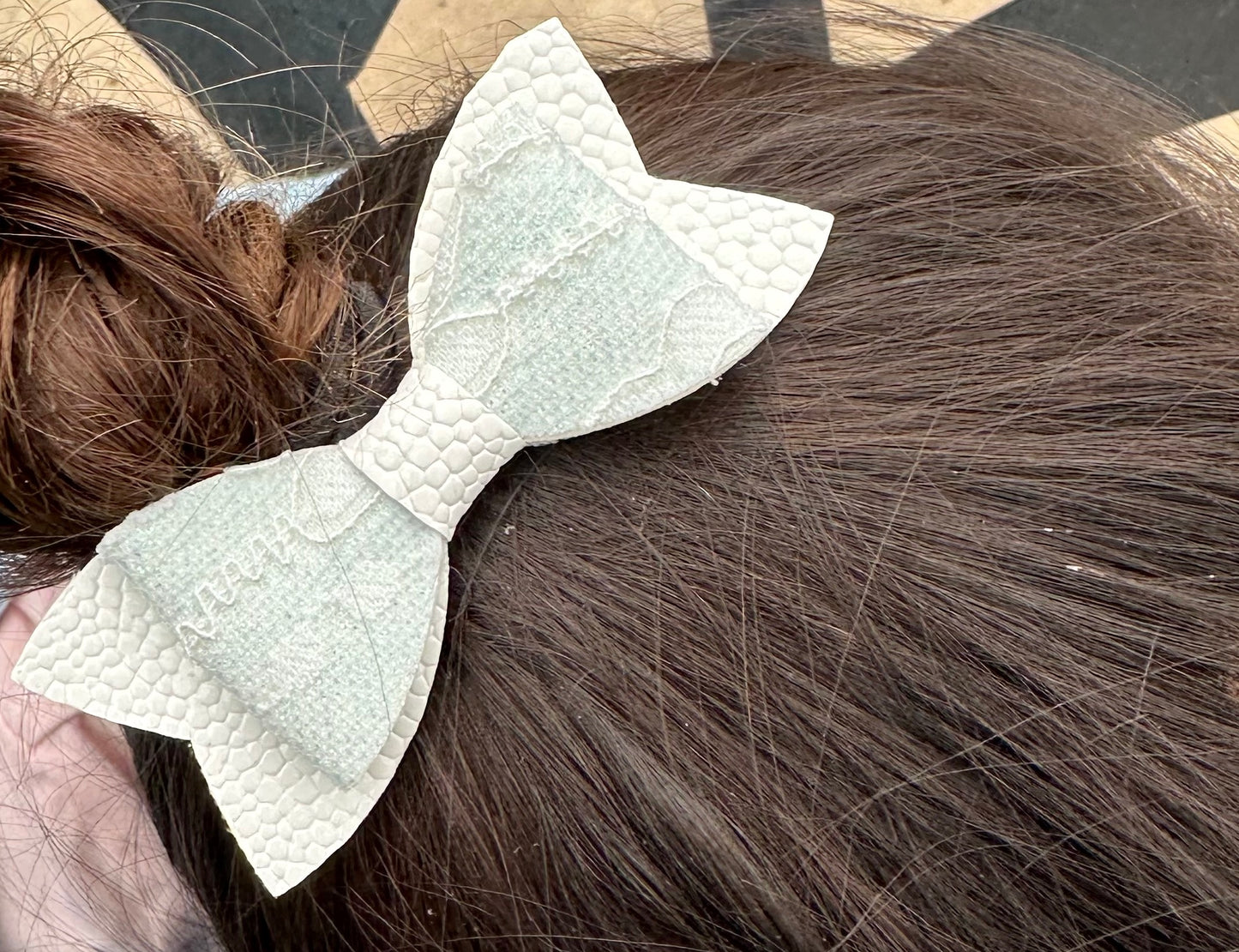 Sea green lace on white hair bow