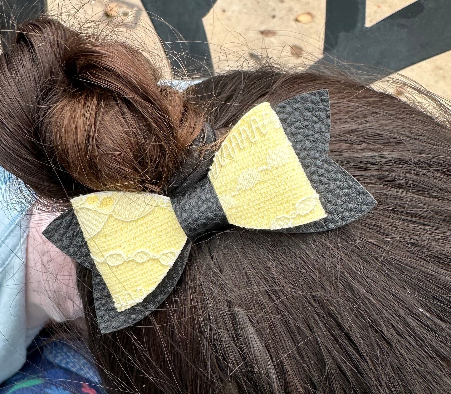 Yellow lace on black hair bow