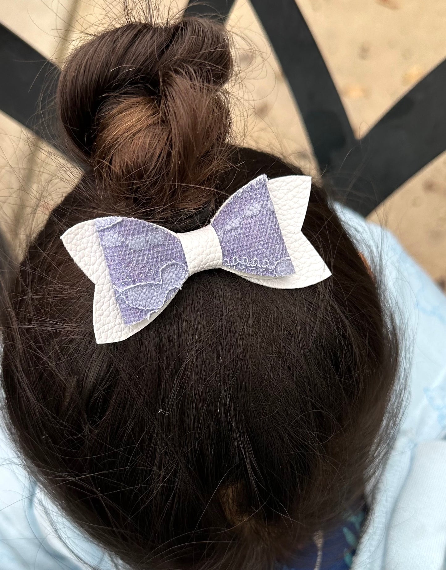 Purple lace on white hair bow