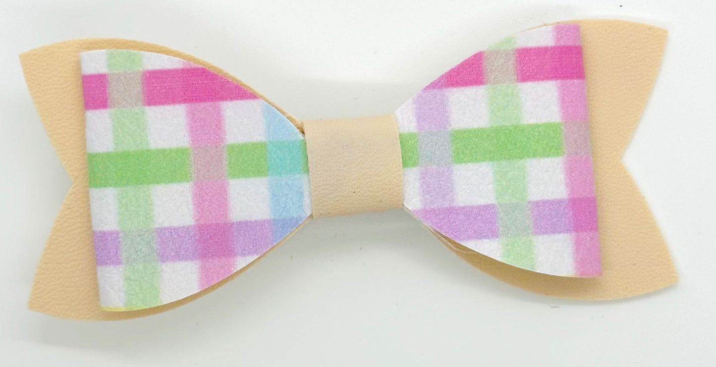 Pastel plaid on tan bow