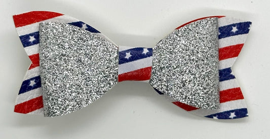 Silver glitter on red white and blue striped bow