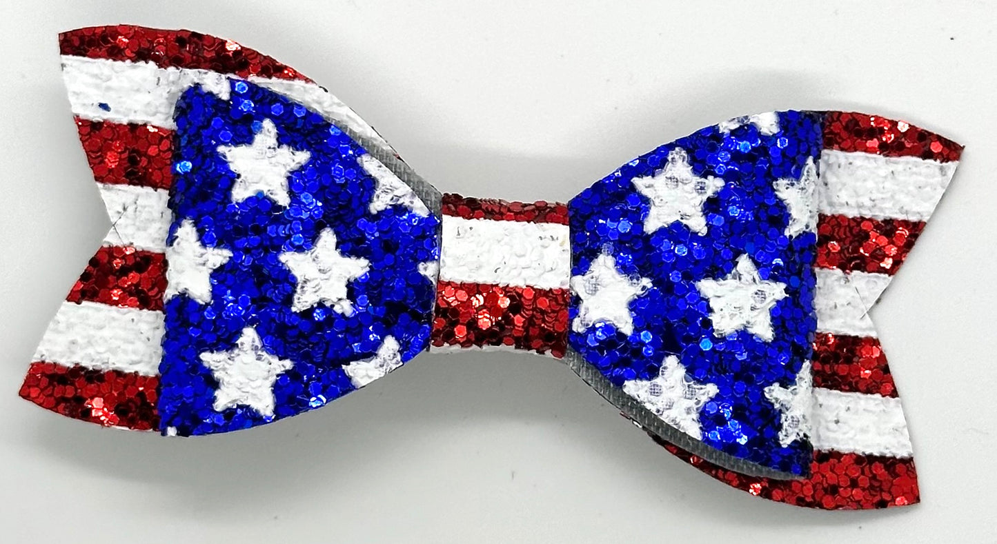 Blue with white stars on red and white stripes glitter bow