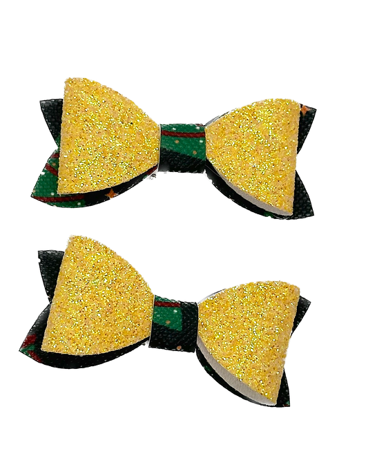 Yellow on black with Christmas trees 2 pcs mini bows