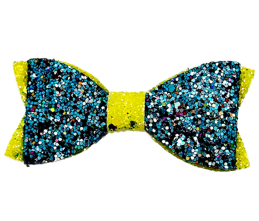 Blue and yellow glitter canvas hair bow